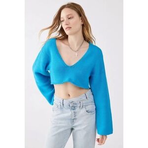 Bright Blue V-Neck Cropped Chunky Knit Bell Sleeve Sweater Size S Oversized